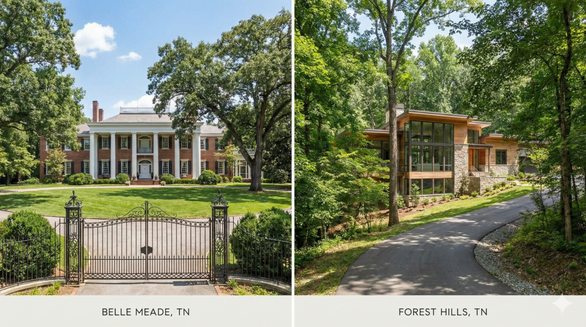 Belle Meade vs Forest Hills Tennessee real estate comparison showing luxury homes, privacy, and neighborhood differences