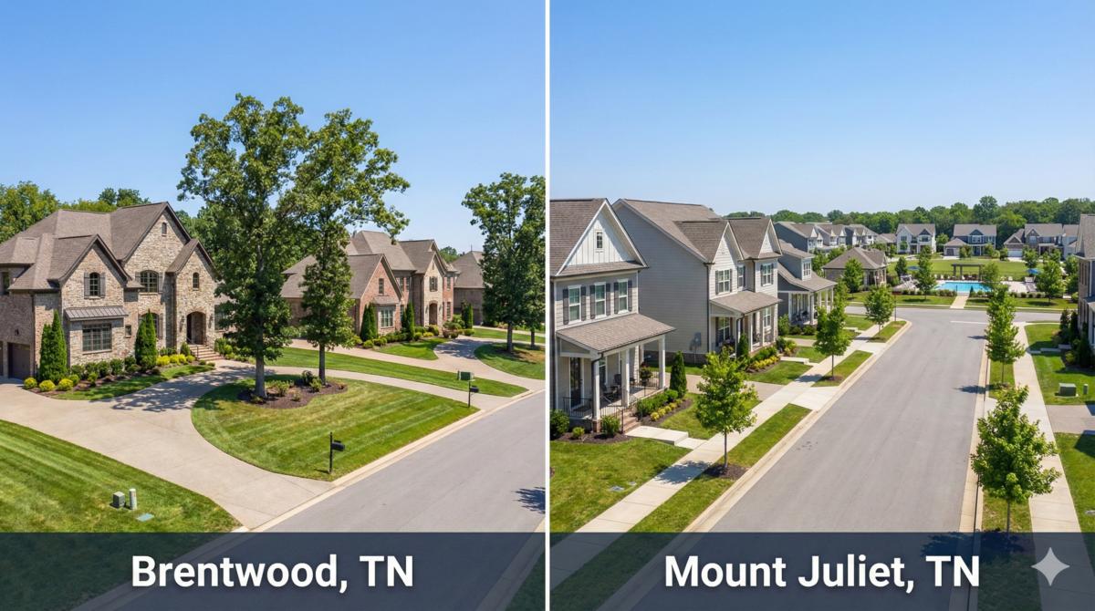 Brentwood vs Mount Juliet Tennessee real estate comparison showing lifestyle, housing, and community differences