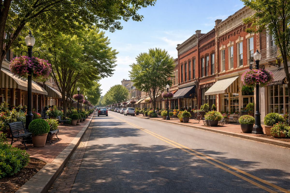 Downtown Franklin, Tennessee historic Main Street with walkable shops and restaurants