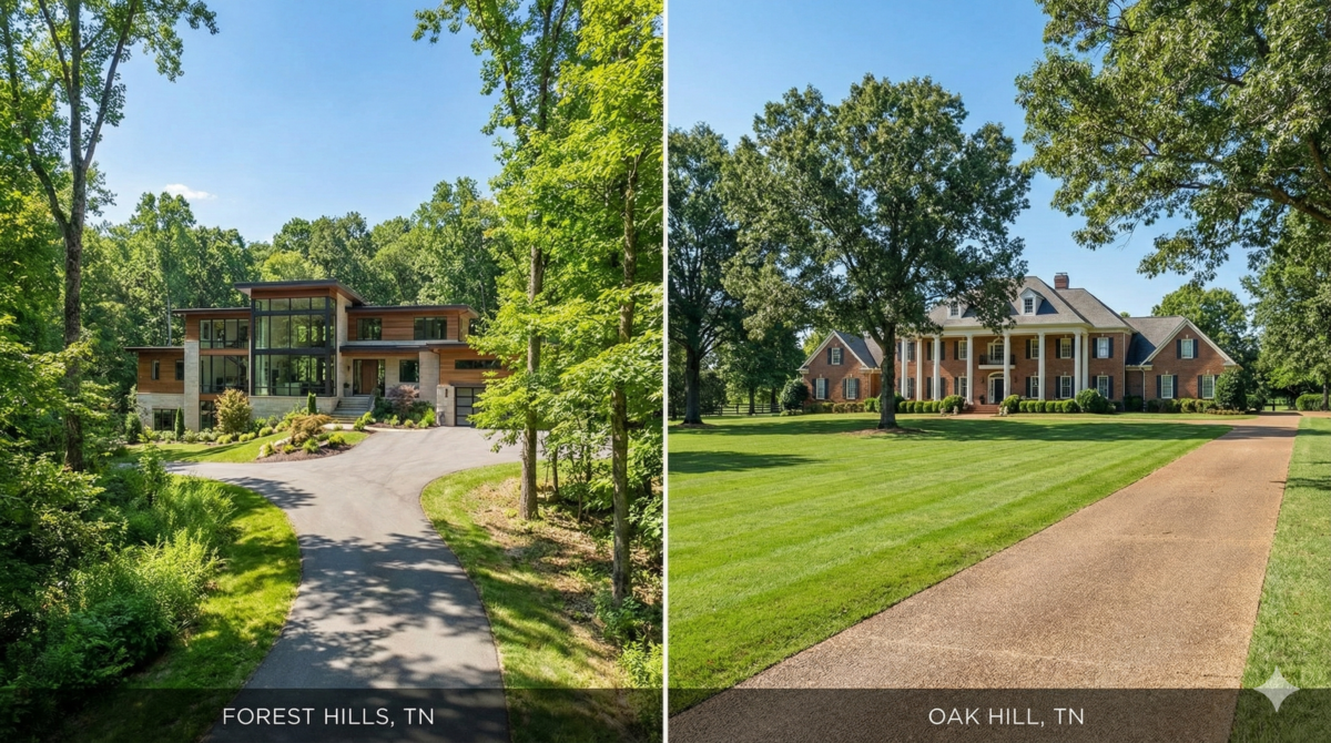 Forest Hills vs Oak Hill Tennessee real estate comparison showing luxury homes, zoning, and privacy differences