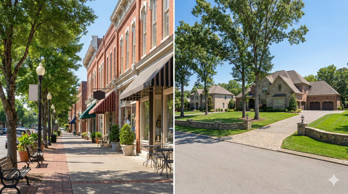 Franklin vs Brentwood Tennessee real estate comparison showing lifestyle, homes, and community differences