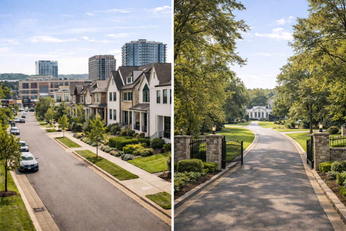 Green Hills vs Belle Meade Tennessee real estate comparison showing lifestyle, housing, and neighborhood differences