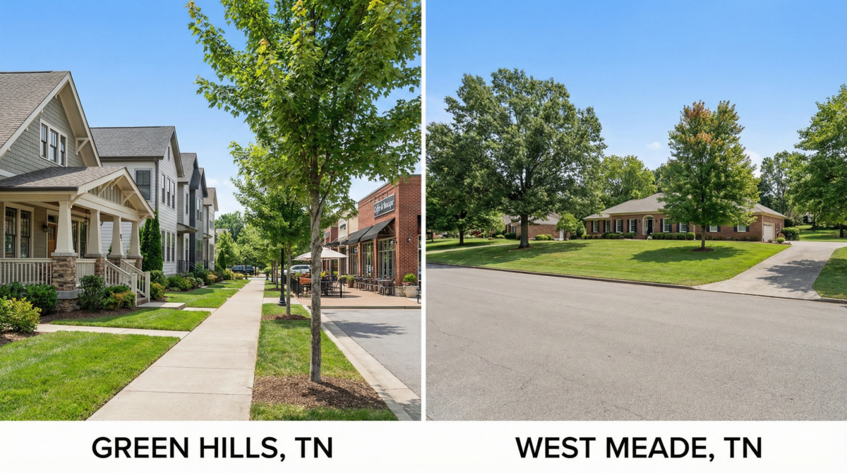 Green Hills vs West Meade Tennessee real estate comparison showing lifestyle, space, and value differences