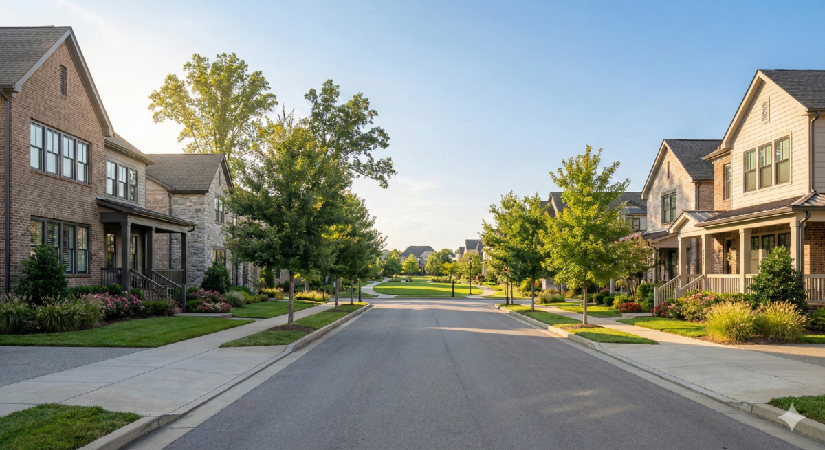 Ladd Park neighborhood in Franklin, Tennessee with newer homes and sidewalks