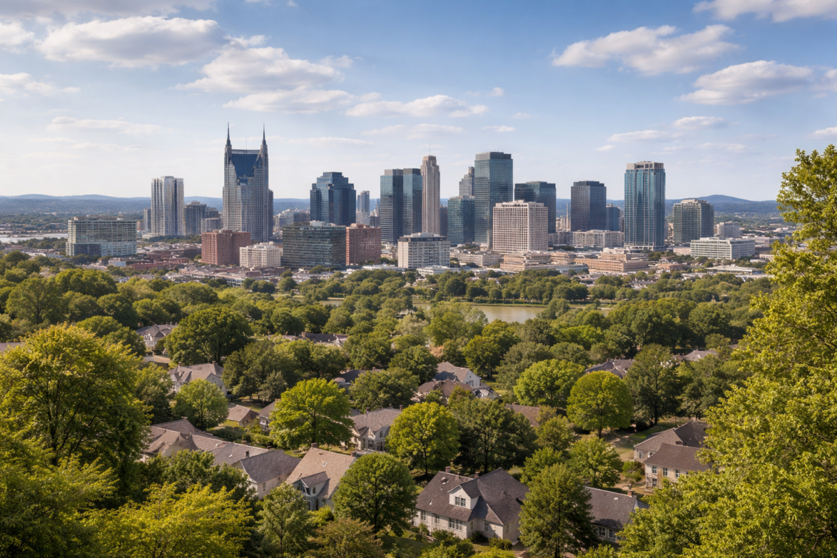 Relocating to Nashville Tennessee skyline with surrounding neighborhoods and homes