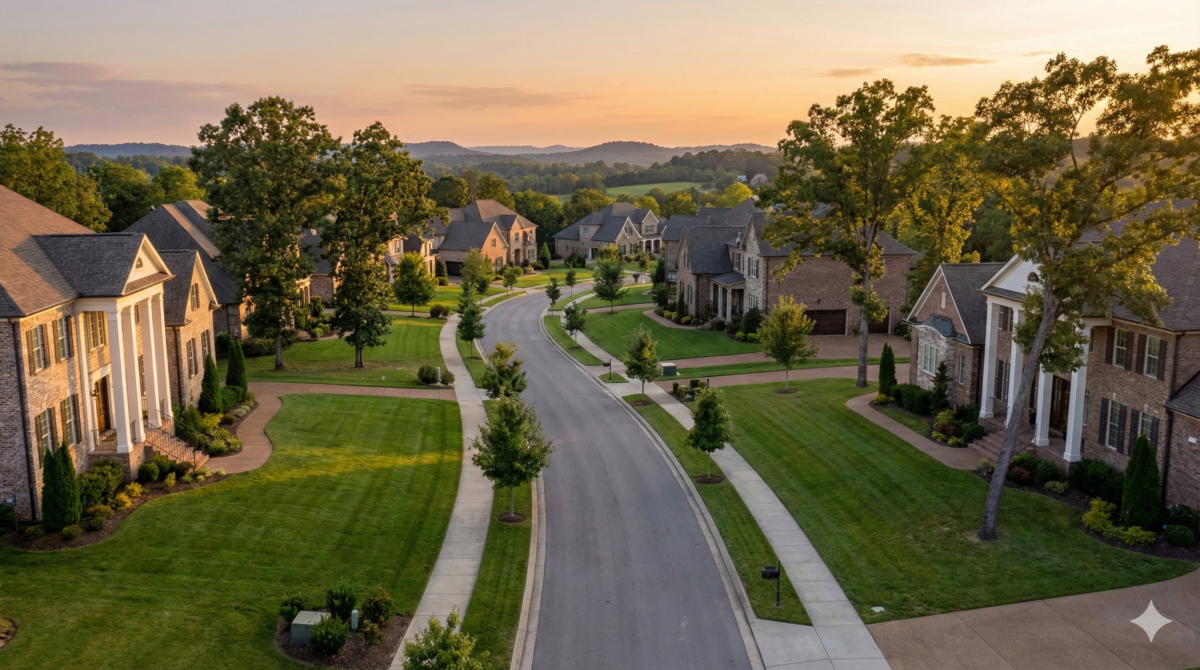 Best suburbs of Nashville showing upscale suburban neighborhood with modern homes