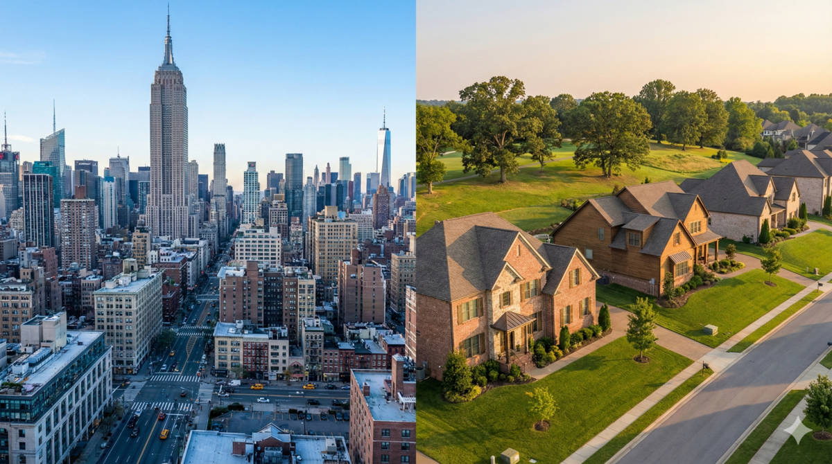 Moving from NYC to Nashville comparison showing Manhattan skyline and Nashville suburban homes