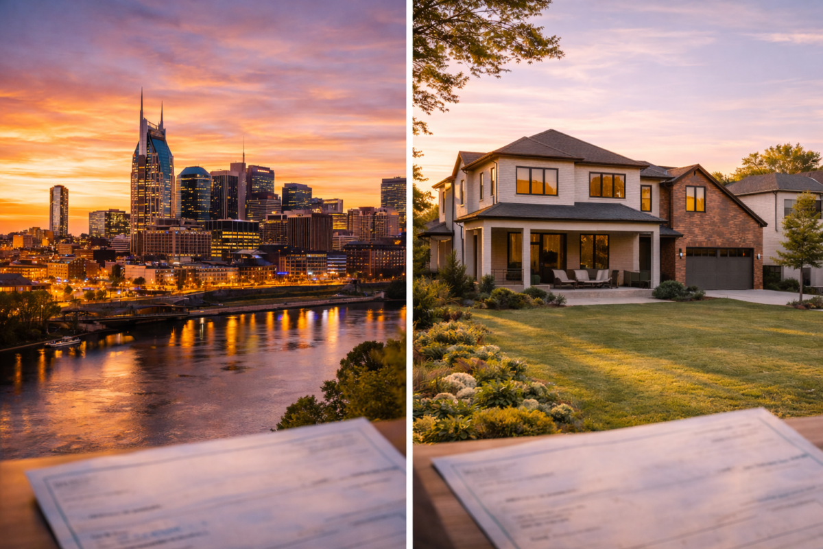 Pros and cons of moving to Nashville showing downtown and suburban lifestyle comparison