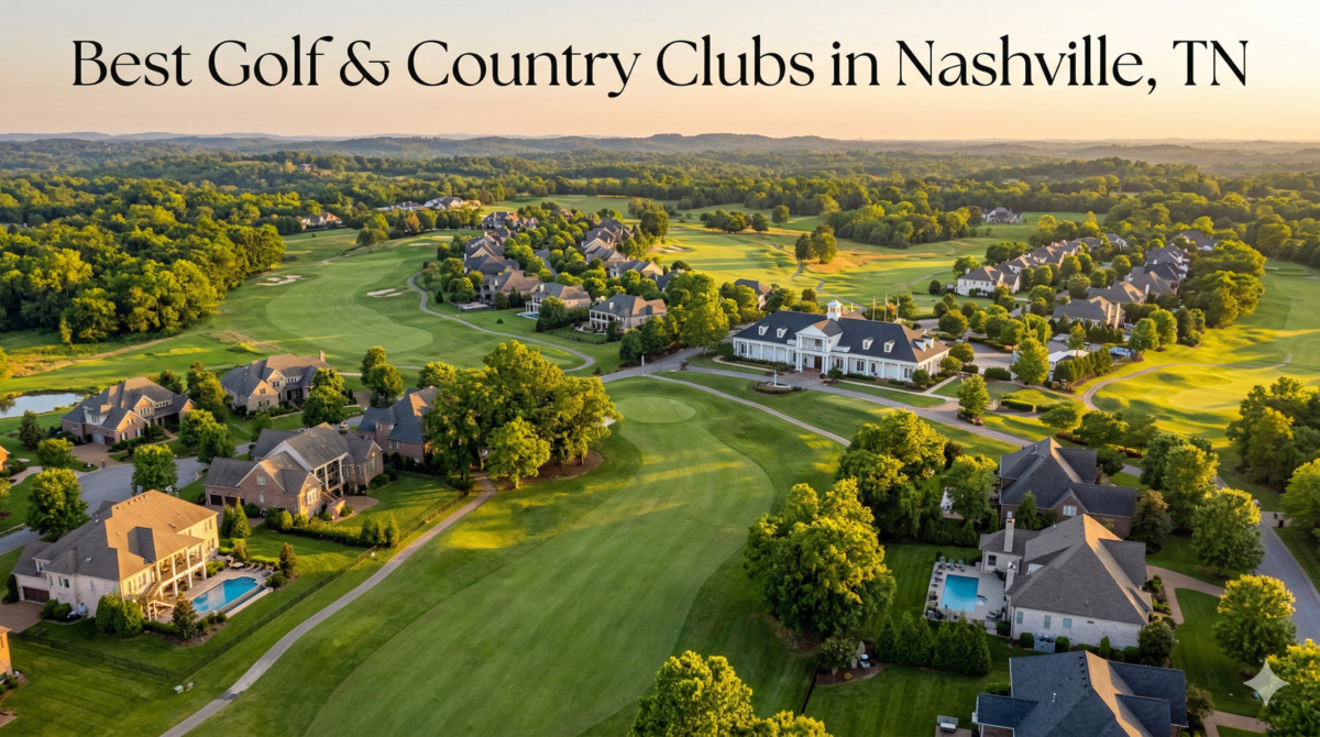 Luxury golf course community in Nashville TN with estate homes and scenic fairways at sunset