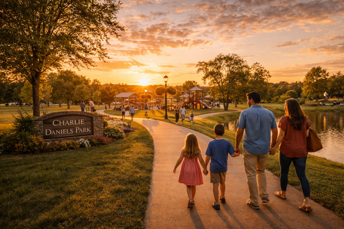 Charlie Daniels Park Mount Juliet TN with walking trails and families at golden hour