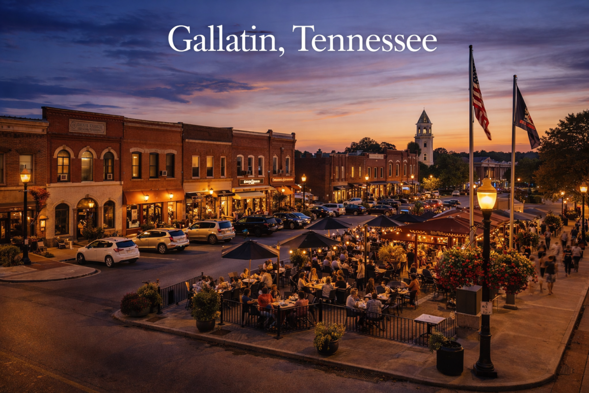 Downtown Gallatin Tennessee square with restaurants