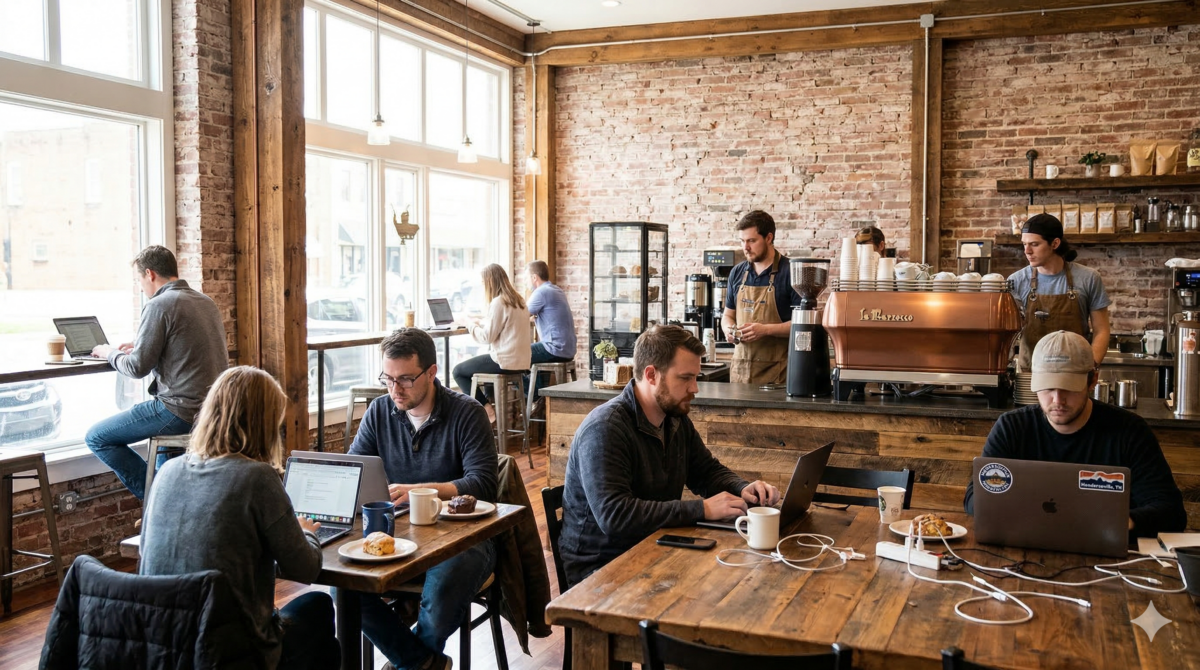 Hendersonville Tennessee coffee shop interior with natural light, espresso bar, and customers working on laptops