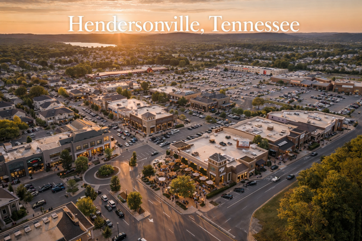 Indian Lake Village Hendersonville TN with shopping, restaurants, and surrounding residential neighborhoods at golden hour