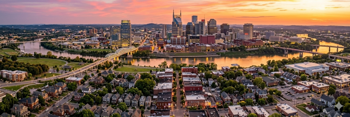 aerial view of East Nashville neighborhoods with downtown Nashville skyline